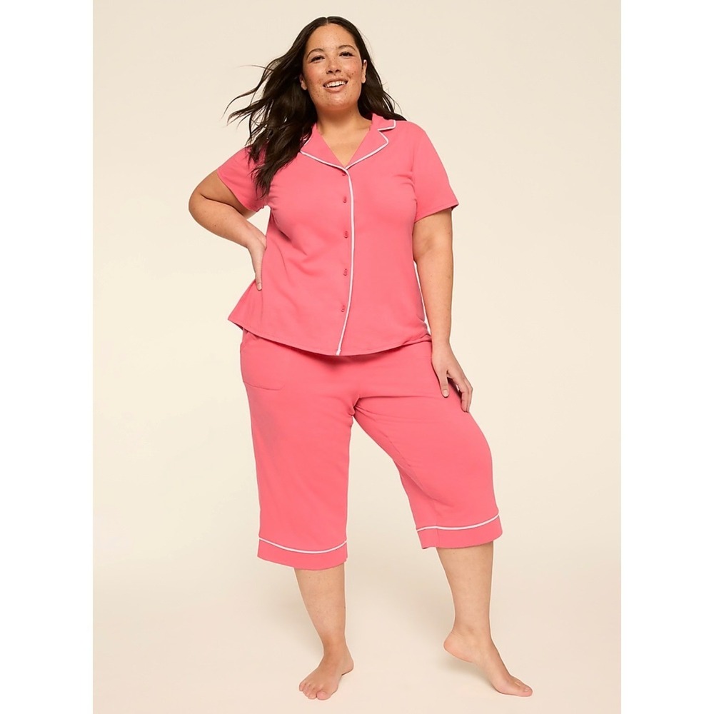 Cacique Sleep Pink Pajama Set Short Sleeve Button Down Cropped Pants Plus Size